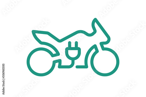 Electric sportbike icon. Green cable electrical motorcycle linear contour and plug charging symbol. Eco friendly electro motorbike vehicle sign. Vector battery powered EV transportation illustration