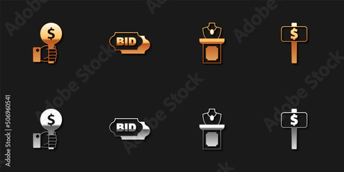 Set Hand holding auction paddle, Bid, Auction jewelry sale and icon. Vector