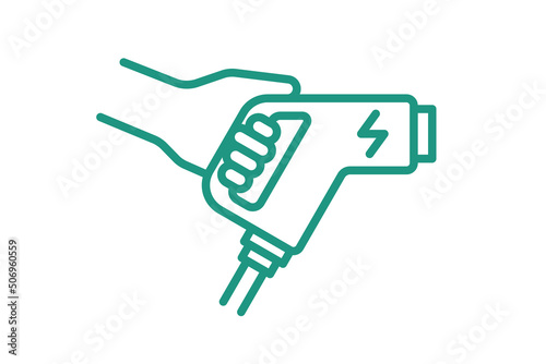 Hand holding electric charger connector linear icon. Electrical transportation energy charging plug symbol. Eco friendly electro vehicle charge sign. Vector battery powered EV transport station logo