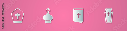 Set paper cut Pope hat, Christian church tower, Holy bible book and Coffin icon. Paper art style. Vector
