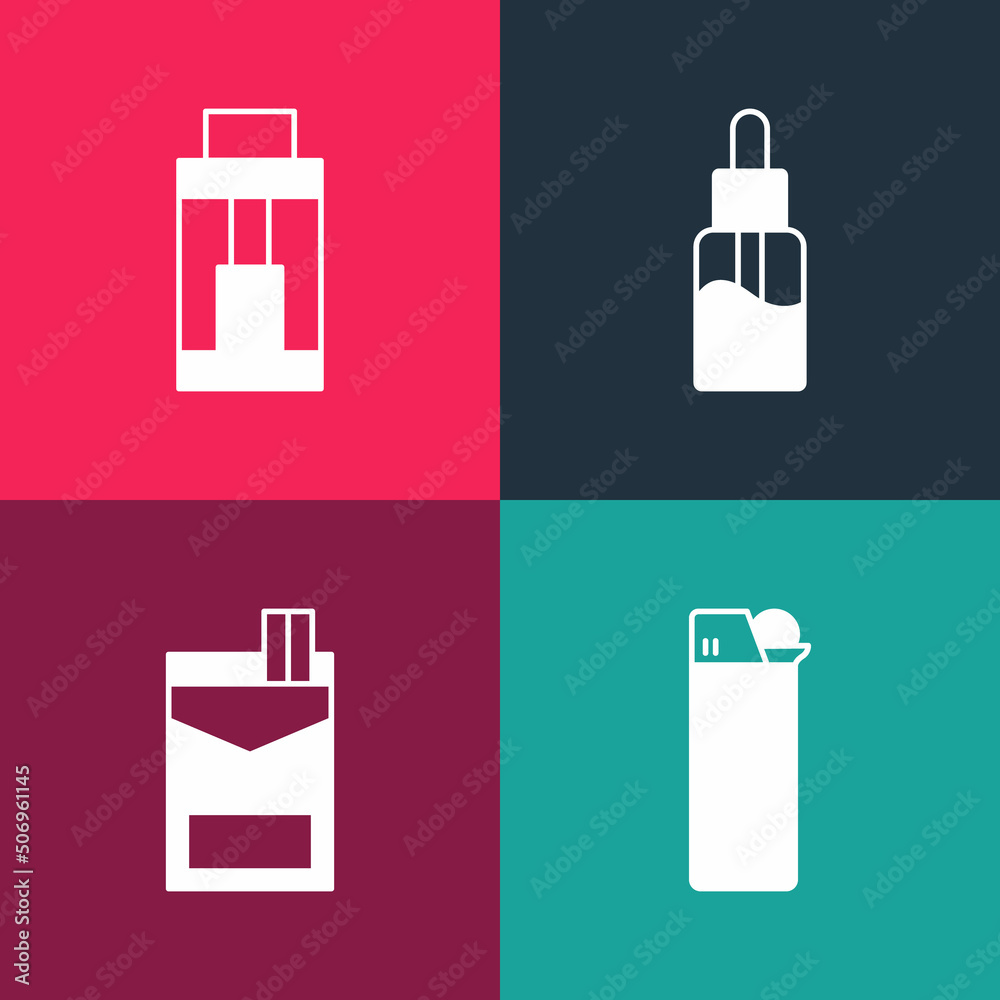 Set pop art Lighter, Cigarettes pack box, Vape liquid bottle and mod device icon. Vector