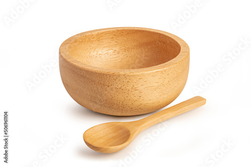 Empty wooden bowl and spoon on white
