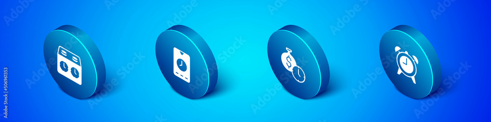 Set Isometric Time chess clock, is money, Alarm and app mobile icon. Vector Set Isometric Time chess clock, is money, Alarm and app mobile icon. Vector