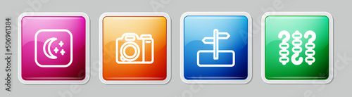 Set line Moon and stars, Photo camera, Road traffic sign and Grilled shish kebab skewer. Colorful square button. Vector