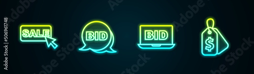 Set line Price tag with Sale, Bid, Online auction and . Glowing neon icon. Vector