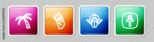 Set line Tropical palm tree, Nefertiti, Egyptian Scarab and Cross ankh. Colorful square button. Vector