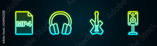 Set line MP4 file document, Headphones, Electric bass guitar and Stereo speaker. Glowing neon icon. Vector