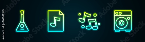 Set line Balalaika, MP3 file document, Music note, tone and Guitar amplifier. Glowing neon icon. Vector