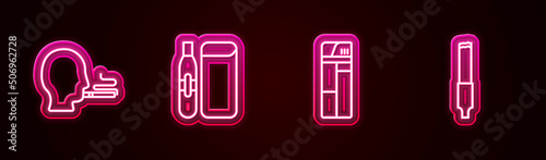 Set line Man smoking a cigarette, Electronic, Lighter and Cigarette. Glowing neon icon. Vector