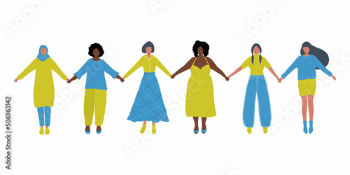 Women are holding hands. International Women's Day concept. Women's community. Female solidarity. Vector illustration