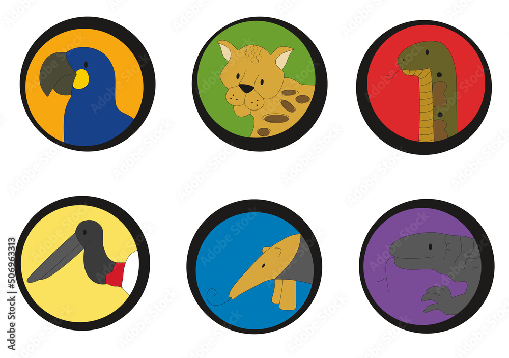 Brazilian jungle zoo animal characters faces coloured circles vector illustration. Brazilian jungle zoo animal characters faces coloured circles vector illustration.