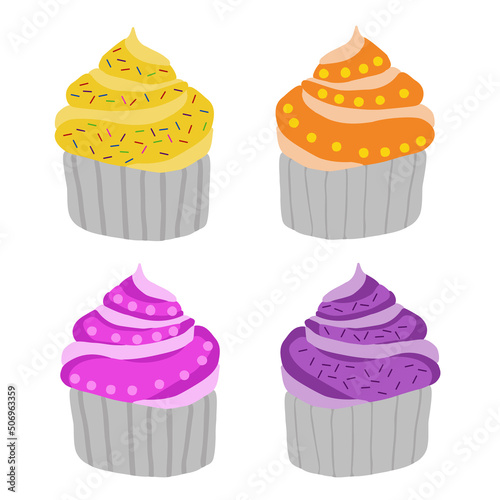 Sweet cupcakes with cream and berries. Cute vector cupcakes and muffins set. Vector cartoon style set of sweet cupcakes. Muffin isolated on white background. Yummy dessert decorated.