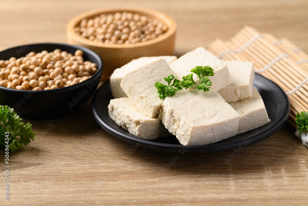 Homemade tofu with soybean seed, Vegan food ingredients in Asian cuisine, Plant based Homemade tofu with soybean seed, Vegan food ingredients in Asian cuisine, Plant based
