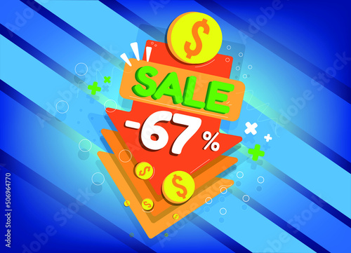 Sale discount, tags and arrow icons for promotion, sixty-seven percent off, -67% photo