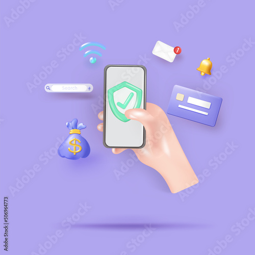 3D credit card money financial security for online shopping, online payment credit card with payment protection concept. business finance, shopping with mobile security concept. vector illustration