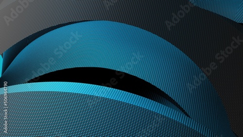 Black Plastic Geometric Abstract Background Wall Paper under blue spot lighting. Architectural Sculpture. 3D illustration. 3D high quality rendering. 3D CG.