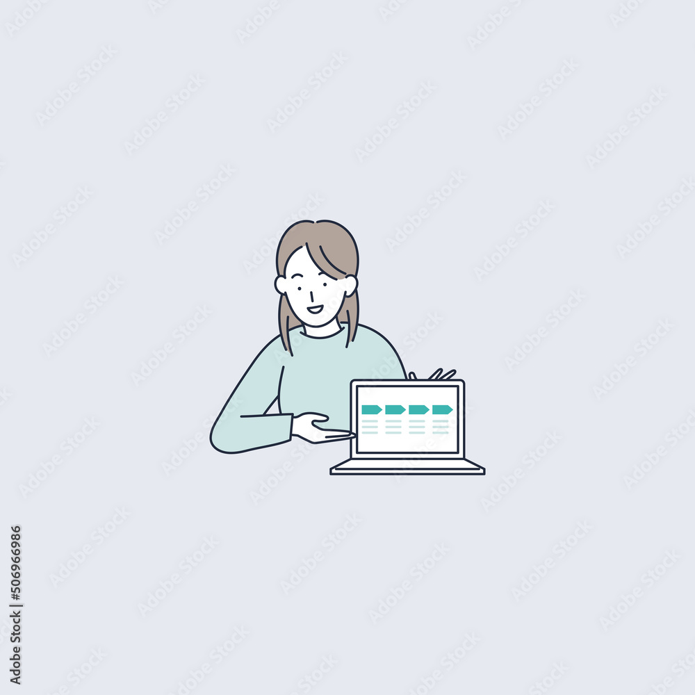 パソコンの画面を見せてサービスの流れを説明してくる女のイラスト素材|mayucolor08 パソコンの画面を見せてサービスの流れを説明してくる女のイラスト素材|mayucolor08