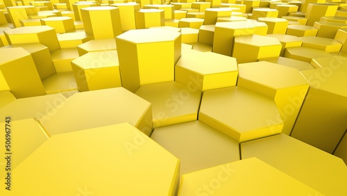 Abstract background with waves made of yellow futuristic honeycomb mosaic geometry primitive forms that goes up and down under black-white lighting. 3D illustration. 3D CG. High resolution.