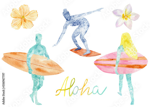 Photography Watercolor collection of surfers isolated on white backdrop