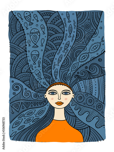 Floral female portrait, pretty woman with art hairstyle. Mermaid girl. Design for fashion cards, banners, posters