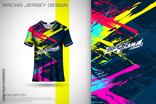 Abstract textured sports jersey design t-shirt for racing, football, gaming, motocross, cycling. Mockup vector design template.