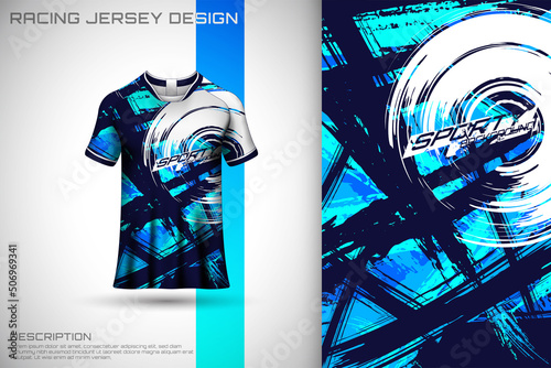 Abstract textured sports jersey design t-shirt for racing, football, gaming, motocross, cycling. Mockup vector design template.