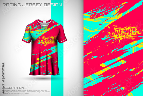 Abstract textured sports jersey design t-shirt for racing, football, gaming, motocross, cycling. Mockup vector design template.