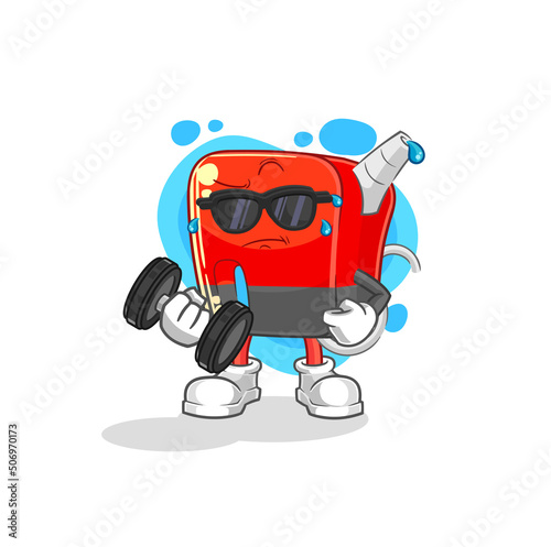 gasoline pump lifting dumbbell vector. cartoon character