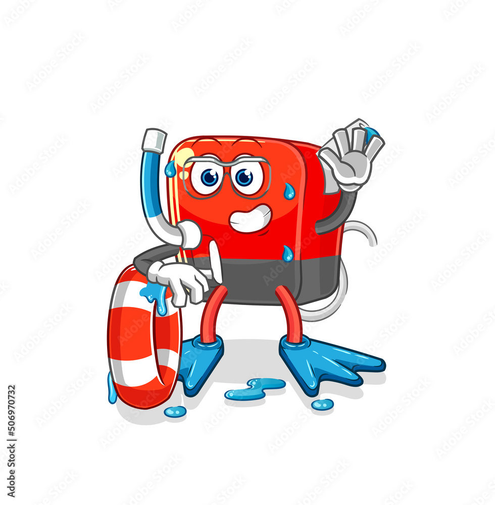 Naklejka premium gasoline pump swimmer with buoy mascot. cartoon vector