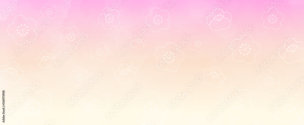 梅の花が散りばめられたピンクから黄色のグラデーション水彩風背景イラスト　横長