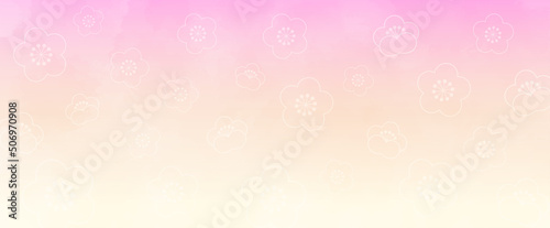 梅の花が散りばめられたピンクから黄色のグラデーション水彩風背景イラスト　横長