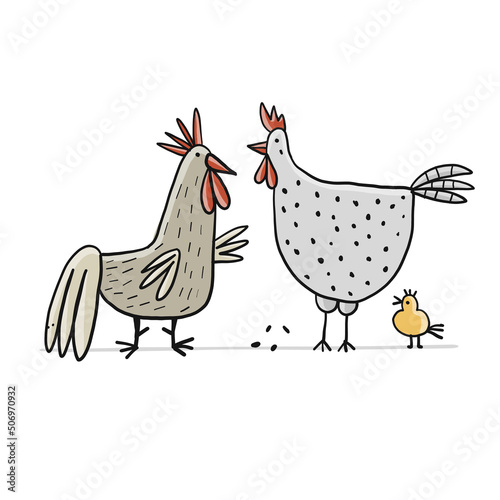 Funny Family - Chicken and Rooster characters with chick. Art isolated on whi...