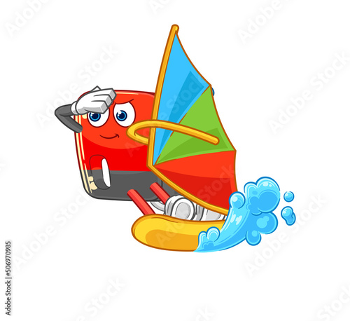 gasoline pump windsurfing character. mascot vector