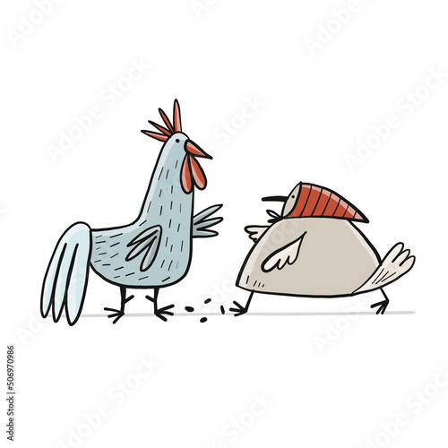 Funny Family - Chicken and Rooster characters. Art isolated on white for your...
