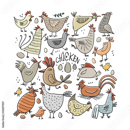 Funny farm birds family. Chicken and Rooster characters. Art collection for y...