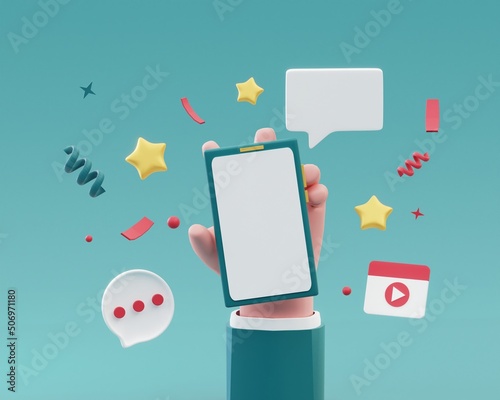Hand holding Phone with bubble speech white empty screen. Online Marketing . Business marketing concept. Smartphone with star, confetti and message. Cartoon icon on green background. 3D Rendering.