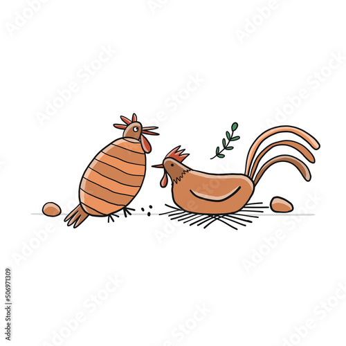 Funny Chicken characters with eggs isolated on white. Icon for your design