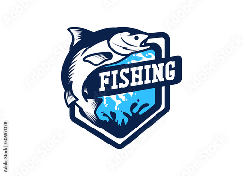 Monster fish emblem logo. Fishing logo design template. 