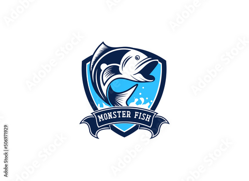 Monster fish emblem logo. Fishing logo design template. 