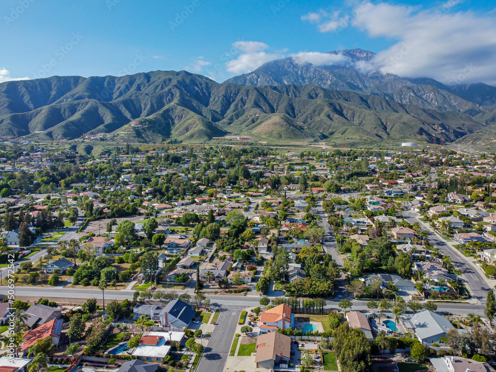 Upland, California, USA – April 20, 2022: Top Aerial Drone View of San Antonio Heights Upland, CA with North Mountain View - obrazy, fototapety, plakaty 