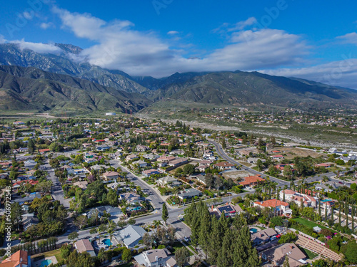 Upland, California, USA – April 20, 2022: Top Aerial Drone View of San Antonio Heights Upland, CA with North Mountain View photo