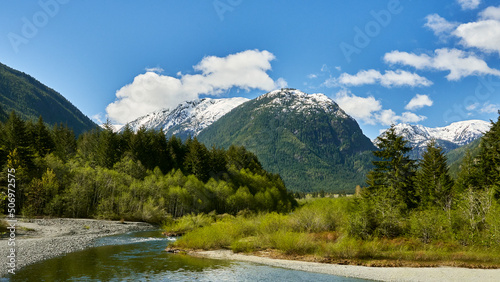 View of distant snow capped mountains from a beautiful stream that flows through bushes and a dense coniferous forest.