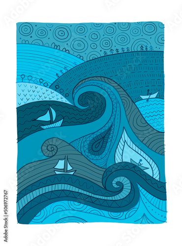 Marine Landscape Background. Art Picture ethnic ornament, water element for y...