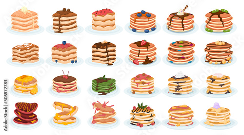 Cartoon pancakes. Stacks of tasty pancakes with, cherry, blueberry, strawberry, butter, chocolate, fruits  Delicious breakfast food vector illustrations. American brunch with berries and nuts