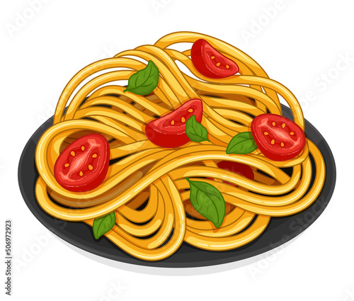 Italian pasta noodles with tomato and basil. Italian noodles food recipes. Vegan pasta spaghetti noodles menu close up illustration vector.