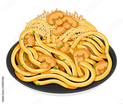 Italian mushroom pasta noodles with cheese. Italian noodles food recipes. Vegan pasta spaghetti noodles menu close up illustration vector.