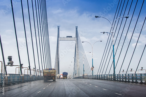 Vidyasagar Setu (Bridge) over river Ganges, known as 2nd Hooghly Bridge in Kolkata,West Bengal,India. Connects Howrah and Kolkata, two big cities of West Bengal. Longest Cable - stayed bridge, India. #506973394