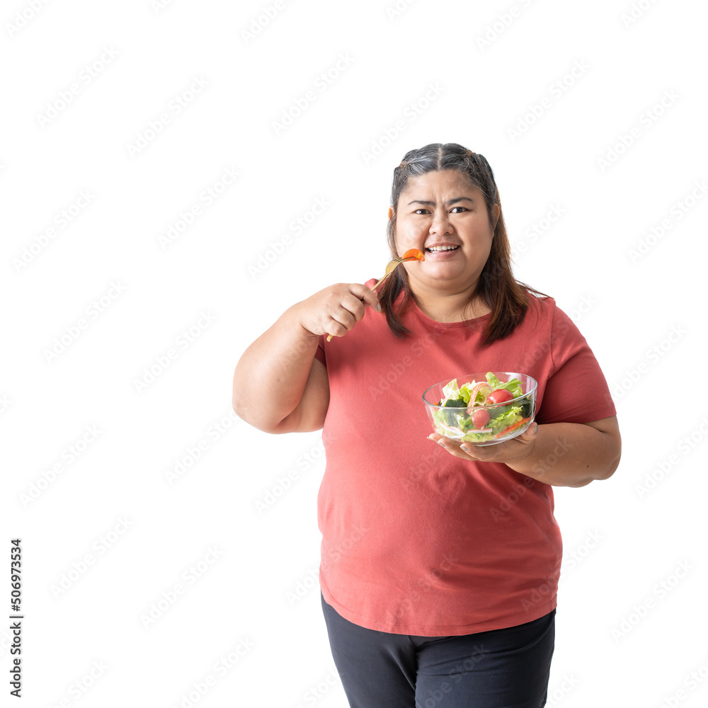 Asian woman fat eating health food, isolated white on background Asian woman fat eating health food, isolated white on background
