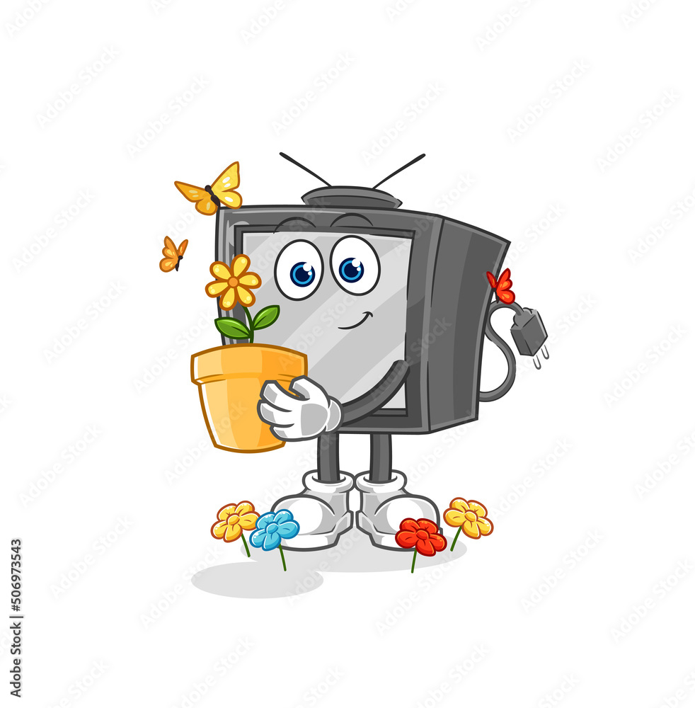 old tv with a flower pot. character vector old tv with a flower pot. character vector