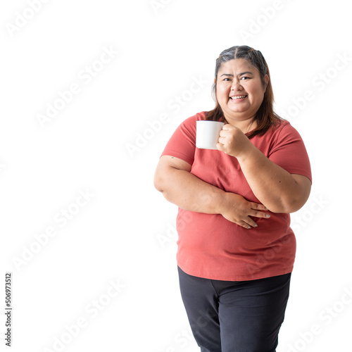 Fat woman asian happy smiling holding a mug, isolated white on background